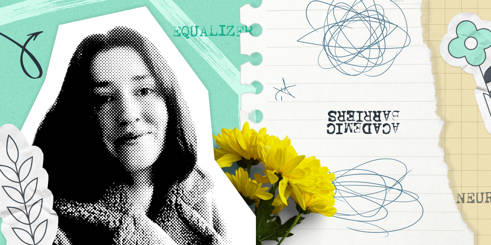 Black and white photo of Harriet M., a neurodivergent PhD student, overlaid with bright illustrations and academic symbols, representing her innovative approach to research using AI tools like Consensus.
