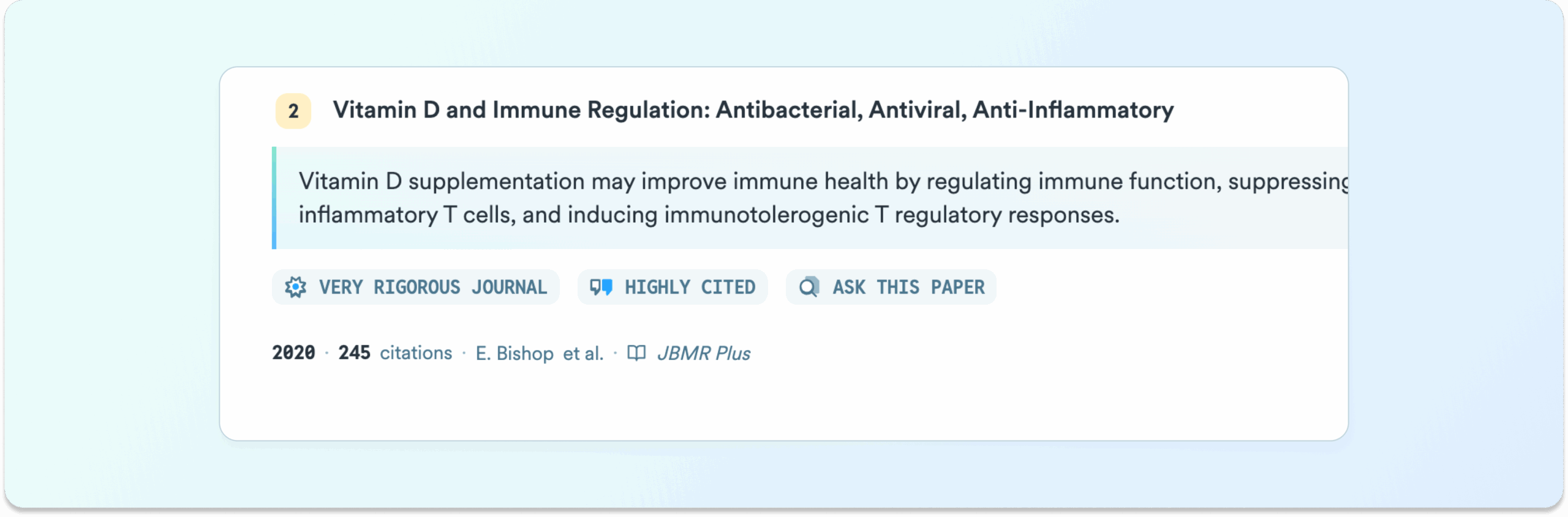 Consensus search result card showing a summary of a study titled “Vitamin D and Immune Regulation,” with tags for “Very Rigorous Journal,” “Highly Cited,” and “Ask This Paper,” along with citation details.