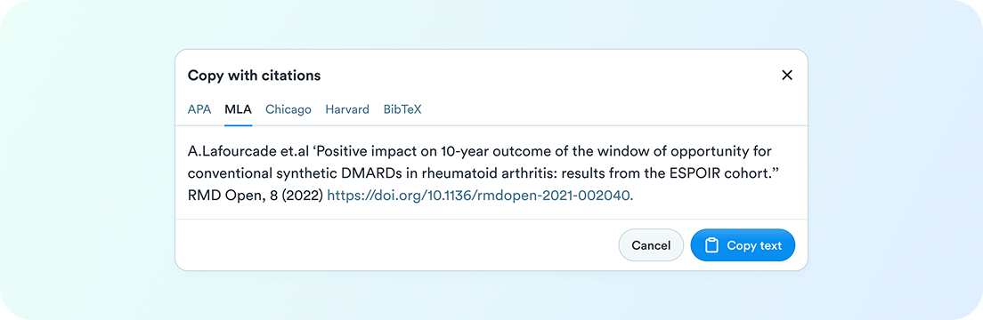 Product image of Consensus citation builder showing auto-formatted references with options like APA, MLA, and BibTeX.