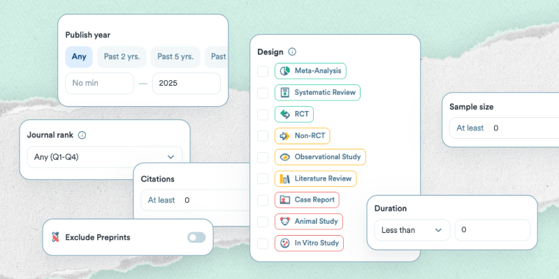 Shot of advanced search filters in the Consensus search engine, including study design, journal rank, sample size, citations, and publication year.